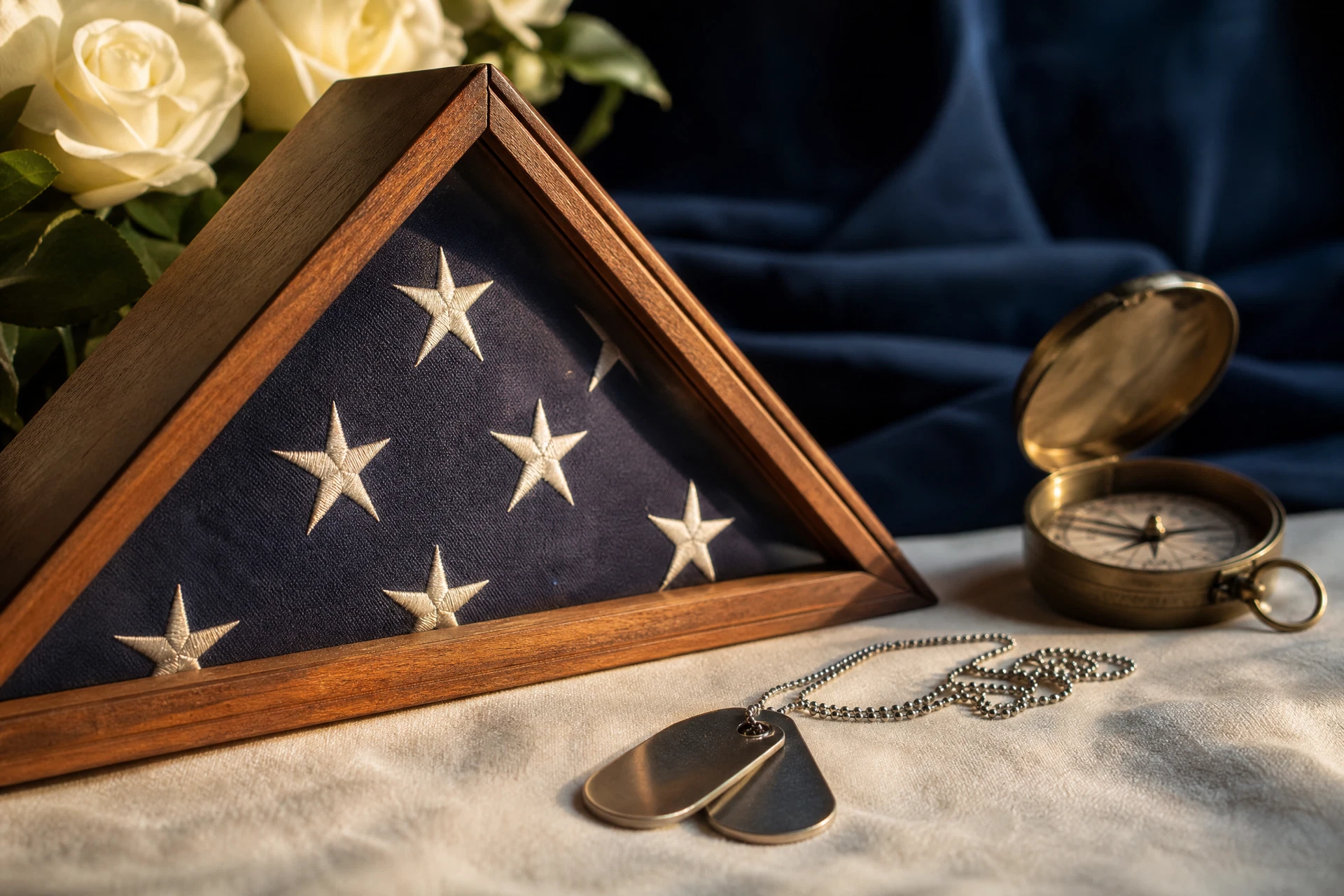 Folded American flag, dog tags, and a vintage compass